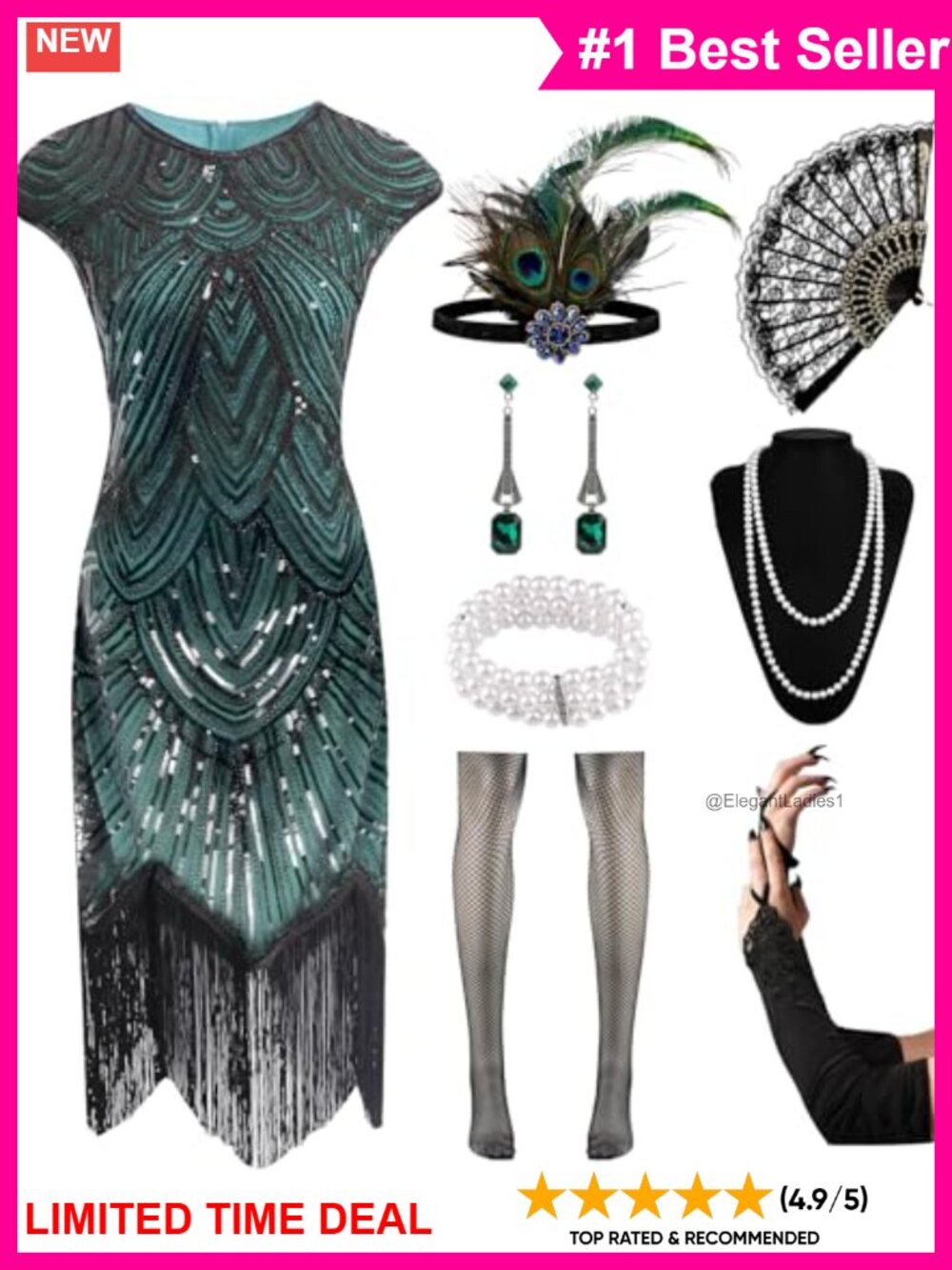 1920s Flapper Sequin Fringe Dress Costume Set Polyester Gatsby Party